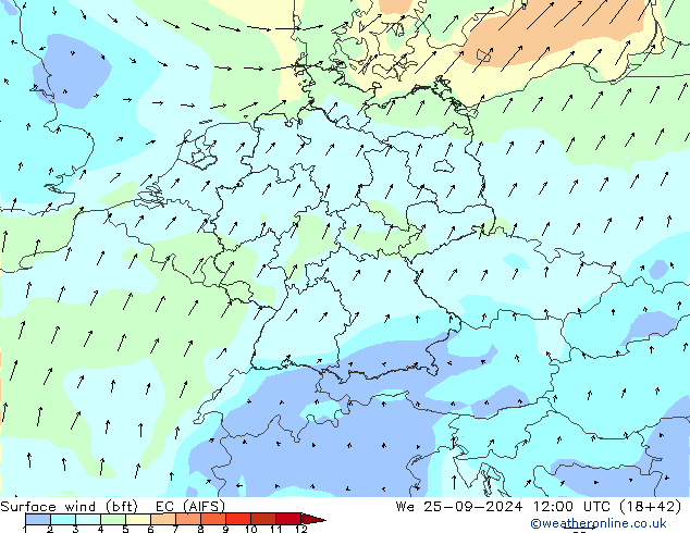 Surface wind (bft) EC (AIFS) We 25.09.2024 12 UTC