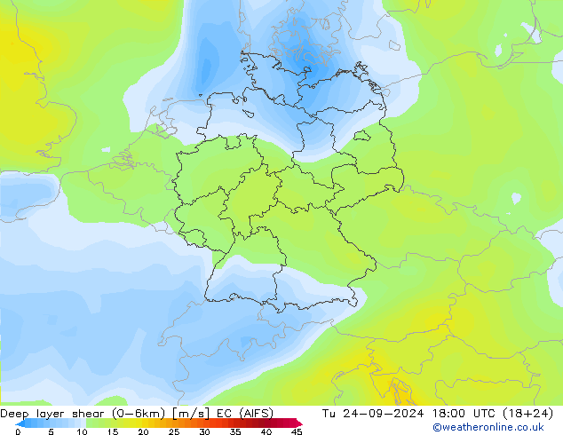 Deep layer shear (0-6km) EC (AIFS) Ter 24.09.2024 18 UTC