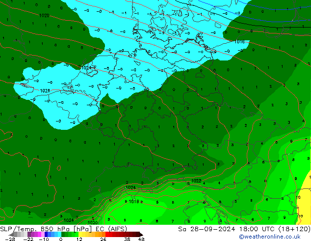 SLP/Temp. 850 hPa EC (AIFS) sam 28.09.2024 18 UTC