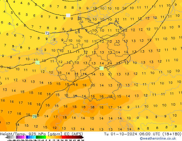 Height/Temp. 925 hPa EC (AIFS) Út 01.10.2024 06 UTC