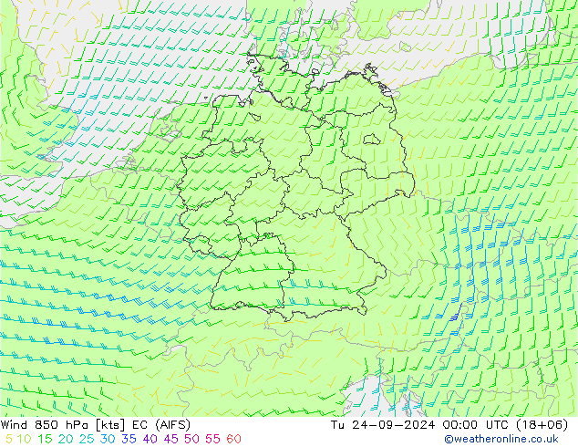 Wind 850 hPa EC (AIFS) Tu 24.09.2024 00 UTC