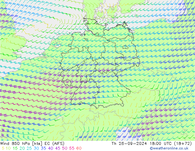 Wind 850 hPa EC (AIFS) Th 26.09.2024 18 UTC