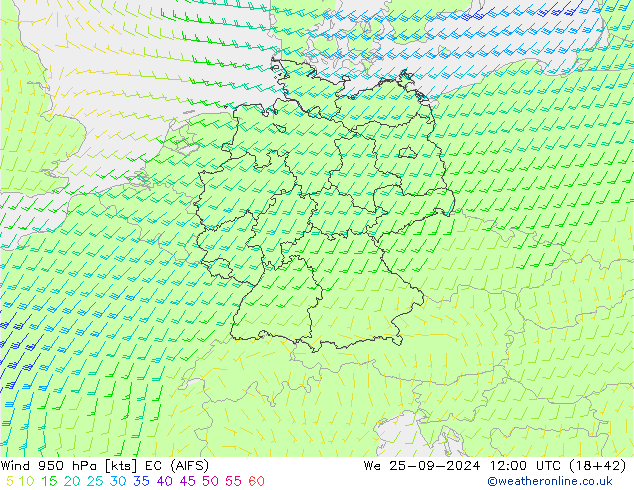 Vento 950 hPa EC (AIFS) Qua 25.09.2024 12 UTC