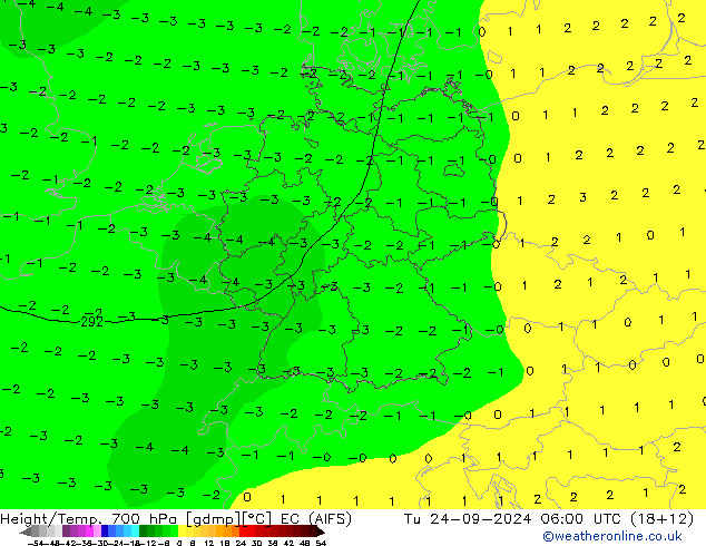 Height/Temp. 700 hPa EC (AIFS) wto. 24.09.2024 06 UTC