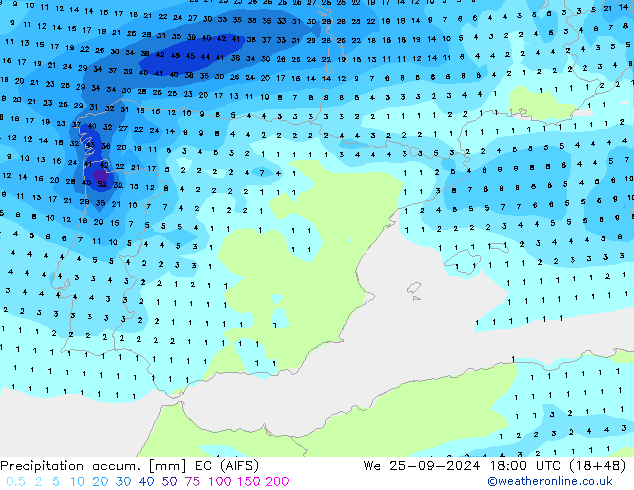 Precipitation accum. EC (AIFS) We 25.09.2024 18 UTC