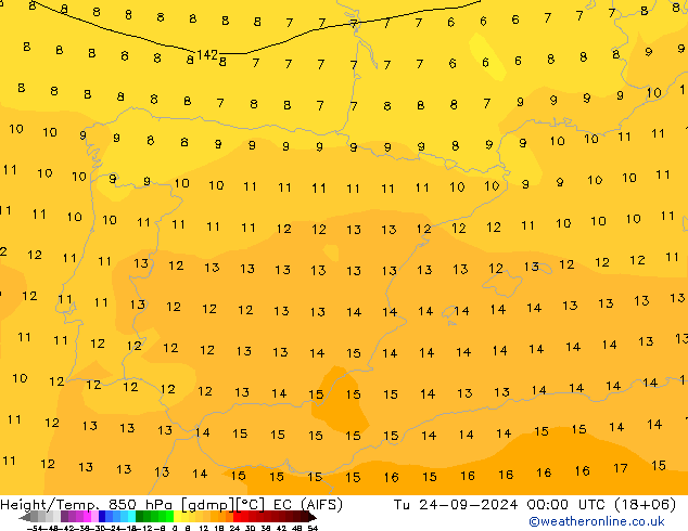 Hoogte/Temp. 850 hPa EC (AIFS) di 24.09.2024 00 UTC