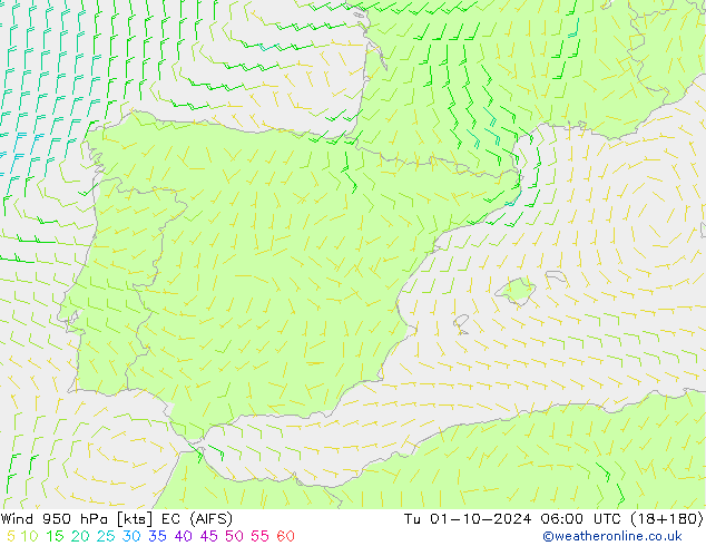 Wind 950 hPa EC (AIFS) Di 01.10.2024 06 UTC