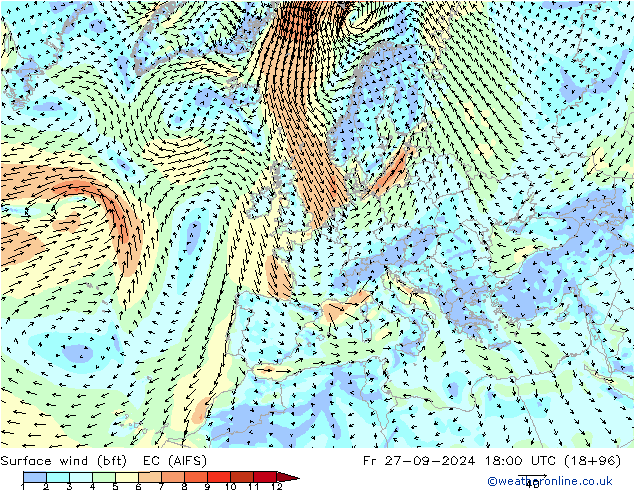 Viento 10 m (bft) EC (AIFS) vie 27.09.2024 18 UTC