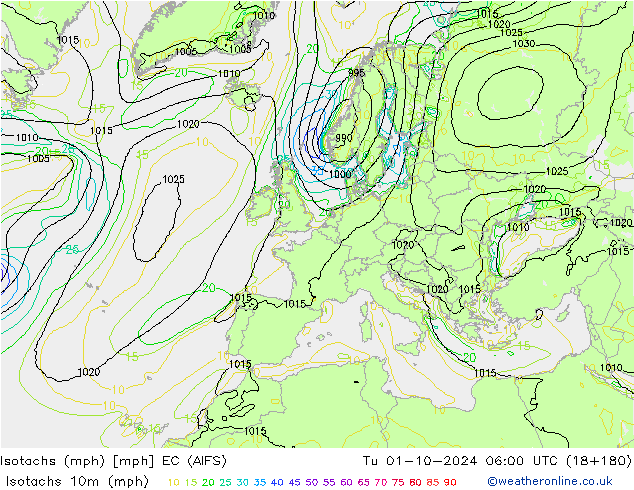 Isotaca (mph) EC (AIFS) mar 01.10.2024 06 UTC