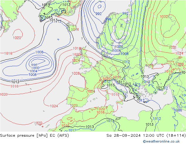 Atmosférický tlak EC (AIFS) So 28.09.2024 12 UTC