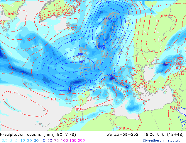 Precipitation accum. EC (AIFS) mer 25.09.2024 18 UTC