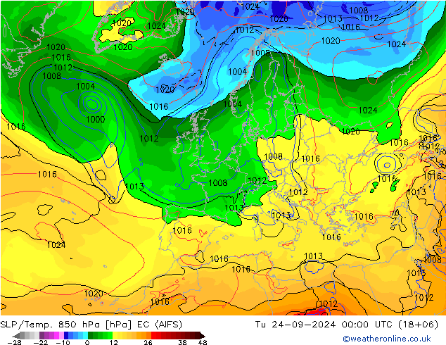 SLP/Temp. 850 hPa EC (AIFS) 星期二 24.09.2024 00 UTC