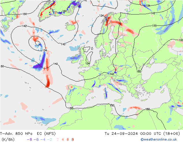 T-Adv. 850 hPa EC (AIFS) Tu 24.09.2024 00 UTC