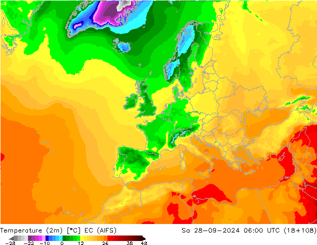 Temperature (2m) EC (AIFS) Sa 28.09.2024 06 UTC