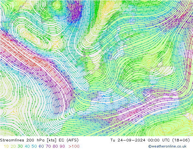 Stroomlijn 200 hPa EC (AIFS) di 24.09.2024 00 UTC