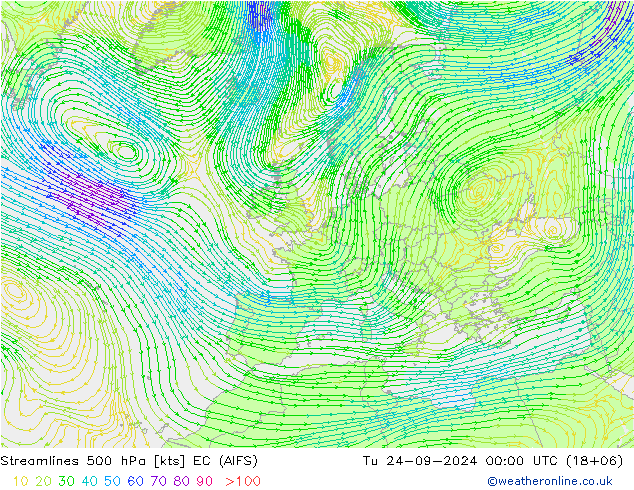 Streamlines 500 hPa EC (AIFS) Út 24.09.2024 00 UTC