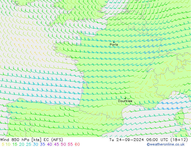 Wind 850 hPa EC (AIFS) Tu 24.09.2024 06 UTC