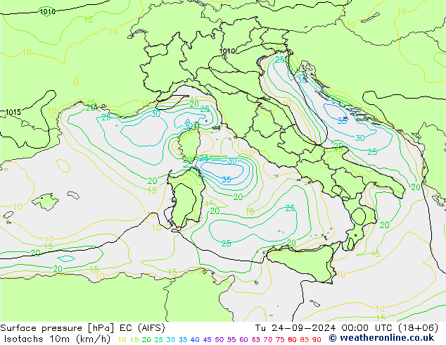 Isotachs (kph) EC (AIFS) вт 24.09.2024 00 UTC