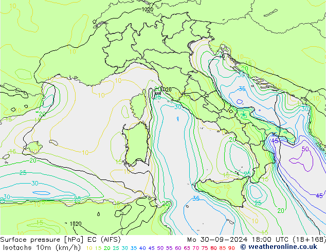 Isotachs (kph) EC (AIFS) Po 30.09.2024 18 UTC