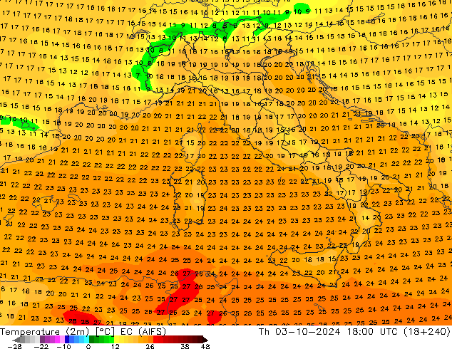 mapa temperatury (2m) EC (AIFS) czw. 03.10.2024 18 UTC