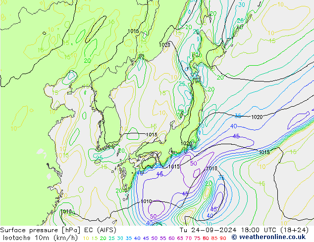 Isotachs (kph) EC (AIFS) вт 24.09.2024 18 UTC