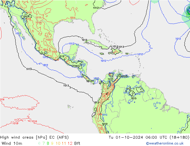 High wind areas EC (AIFS) Út 01.10.2024 06 UTC