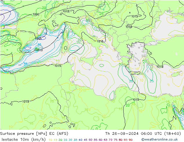 Isotachs (kph) EC (AIFS) чт 26.09.2024 06 UTC