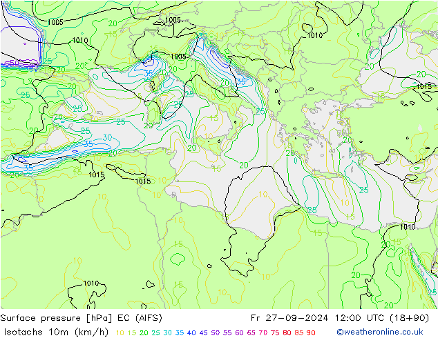 Isotachs (kph) EC (AIFS) Pá 27.09.2024 12 UTC