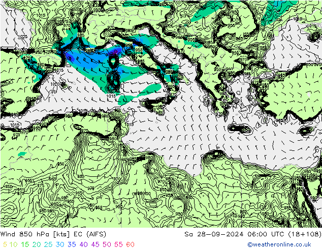 Vent 850 hPa EC (AIFS) sam 28.09.2024 06 UTC