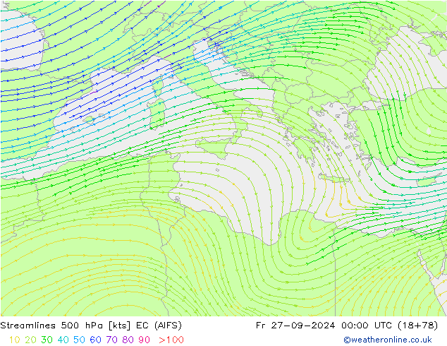 Linia prądu 500 hPa EC (AIFS) pt. 27.09.2024 00 UTC