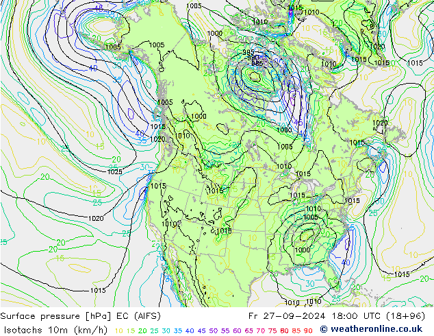 Isotachs (kph) EC (AIFS) Fr 27.09.2024 18 UTC