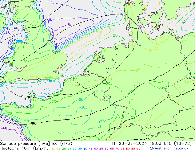 Isotachs (kph) EC (AIFS) Th 26.09.2024 18 UTC