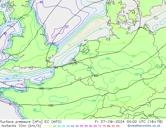 Isotachs (kph) EC (AIFS) пт 27.09.2024 00 UTC