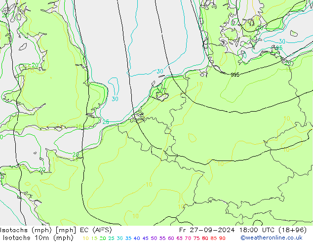 Isotachen (mph) EC (AIFS) vr 27.09.2024 18 UTC