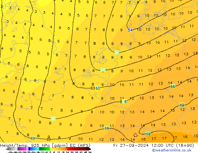 Height/Temp. 925 hPa EC (AIFS) Fr 27.09.2024 12 UTC