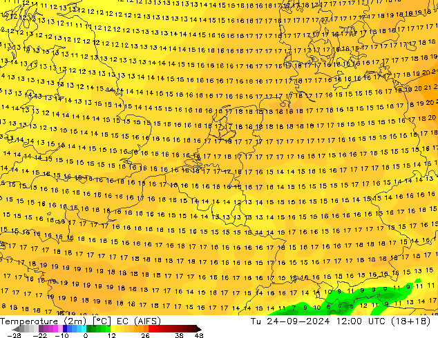 température (2m) EC (AIFS) mar 24.09.2024 12 UTC