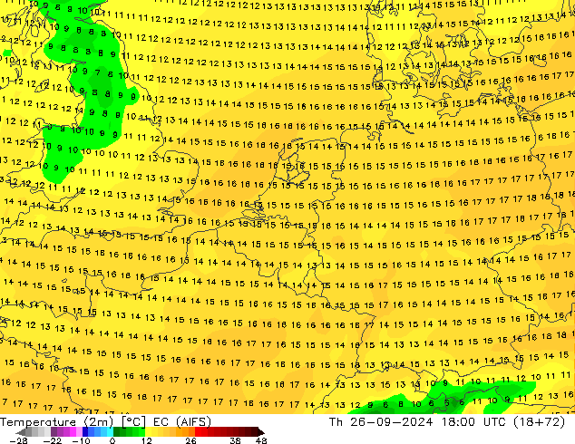 Temperaturkarte (2m) EC (AIFS) Do 26.09.2024 18 UTC