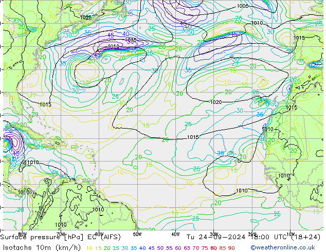 Isotachs (kph) EC (AIFS) вт 24.09.2024 18 UTC