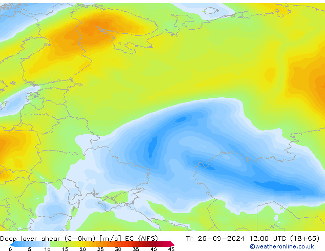 Deep layer shear (0-6km) EC (AIFS) do 26.09.2024 12 UTC