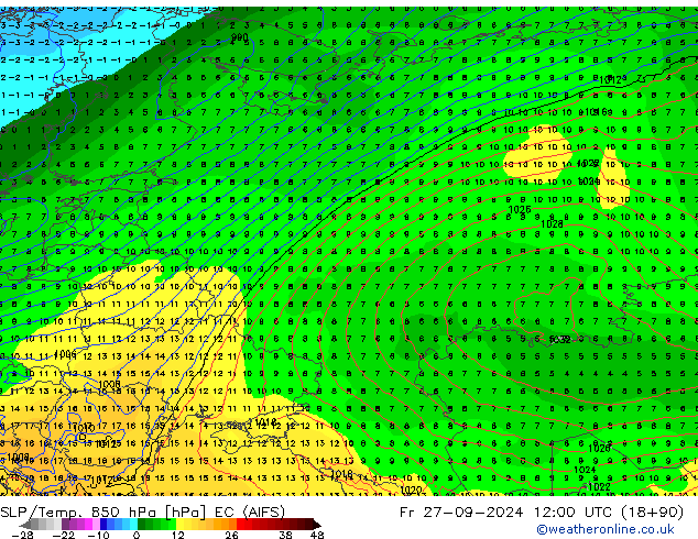 SLP/Temp. 850 hPa EC (AIFS) pt. 27.09.2024 12 UTC