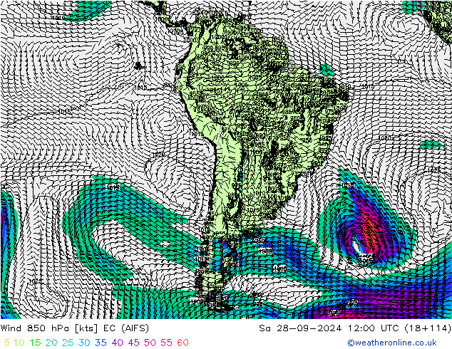 ветер 850 гПа EC (AIFS) сб 28.09.2024 12 UTC