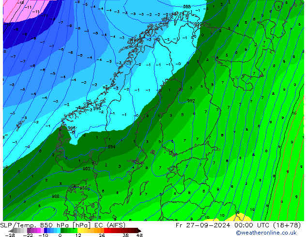 SLP/Temp. 850 hPa EC (AIFS) Fr 27.09.2024 00 UTC