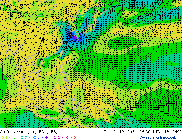 Viento 10 m EC (AIFS) jue 03.10.2024 18 UTC