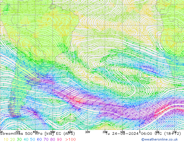 Streamlines 500 hPa EC (AIFS) Út 24.09.2024 06 UTC