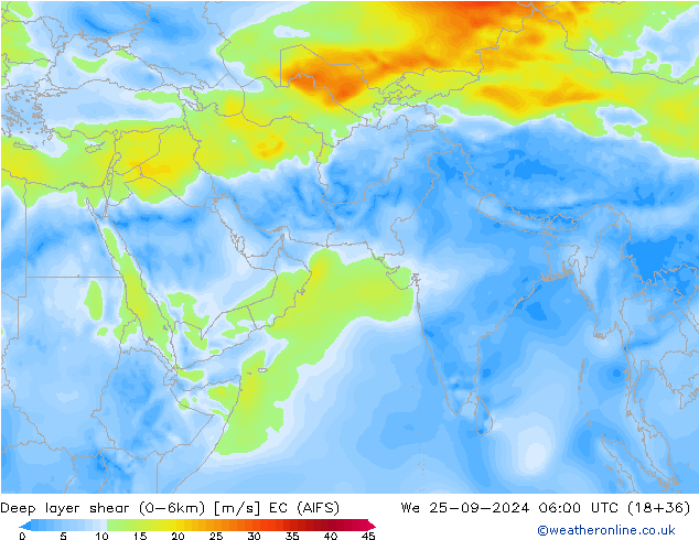 Deep layer shear (0-6km) EC (AIFS) mer 25.09.2024 06 UTC