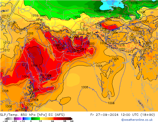 SLP/Temp. 850 hPa EC (AIFS) pt. 27.09.2024 12 UTC