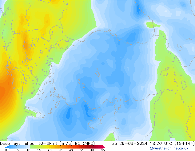 Deep layer shear (0-6km) EC (AIFS) dom 29.09.2024 18 UTC