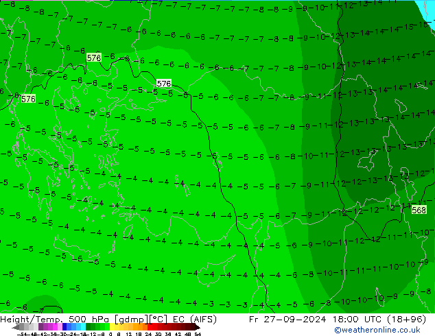 Hoogte/Temp. 500 hPa EC (AIFS) vr 27.09.2024 18 UTC