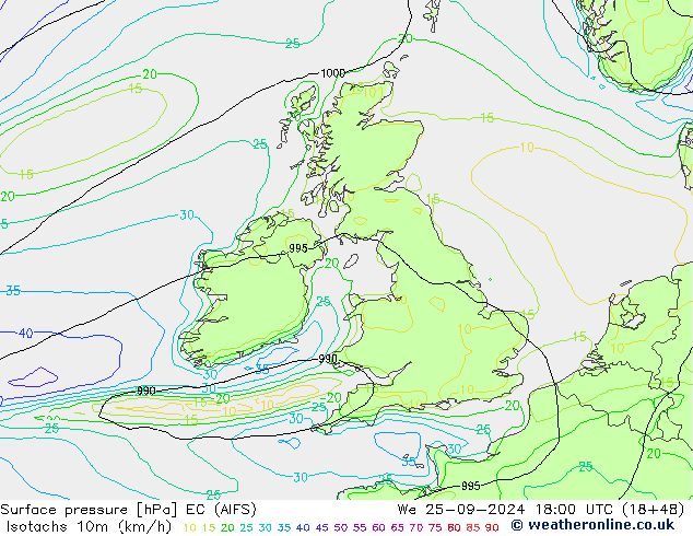 Isotaca (kph) EC (AIFS) mié 25.09.2024 18 UTC