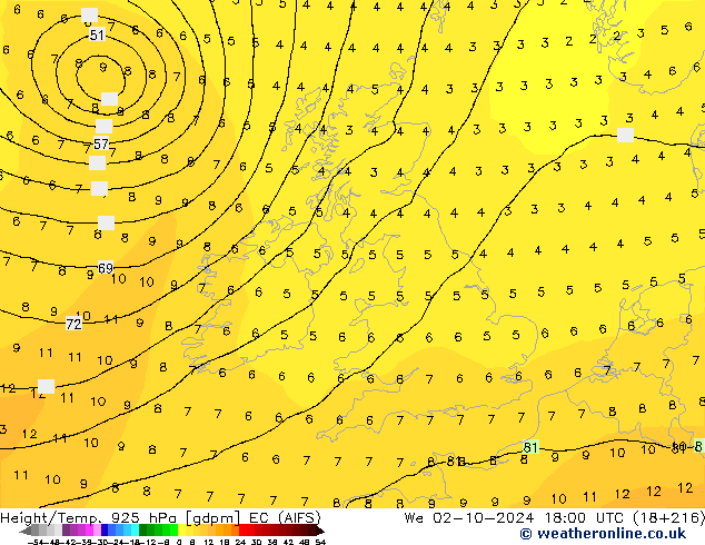 Height/Temp. 925 hPa EC (AIFS) St 02.10.2024 18 UTC